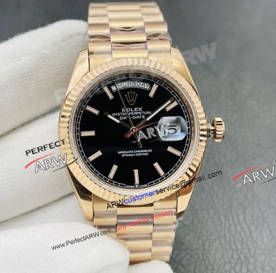 VR Factory Rolex Day Date 40 Black Stick Face Rose Gold 2836 Super Clone Watch